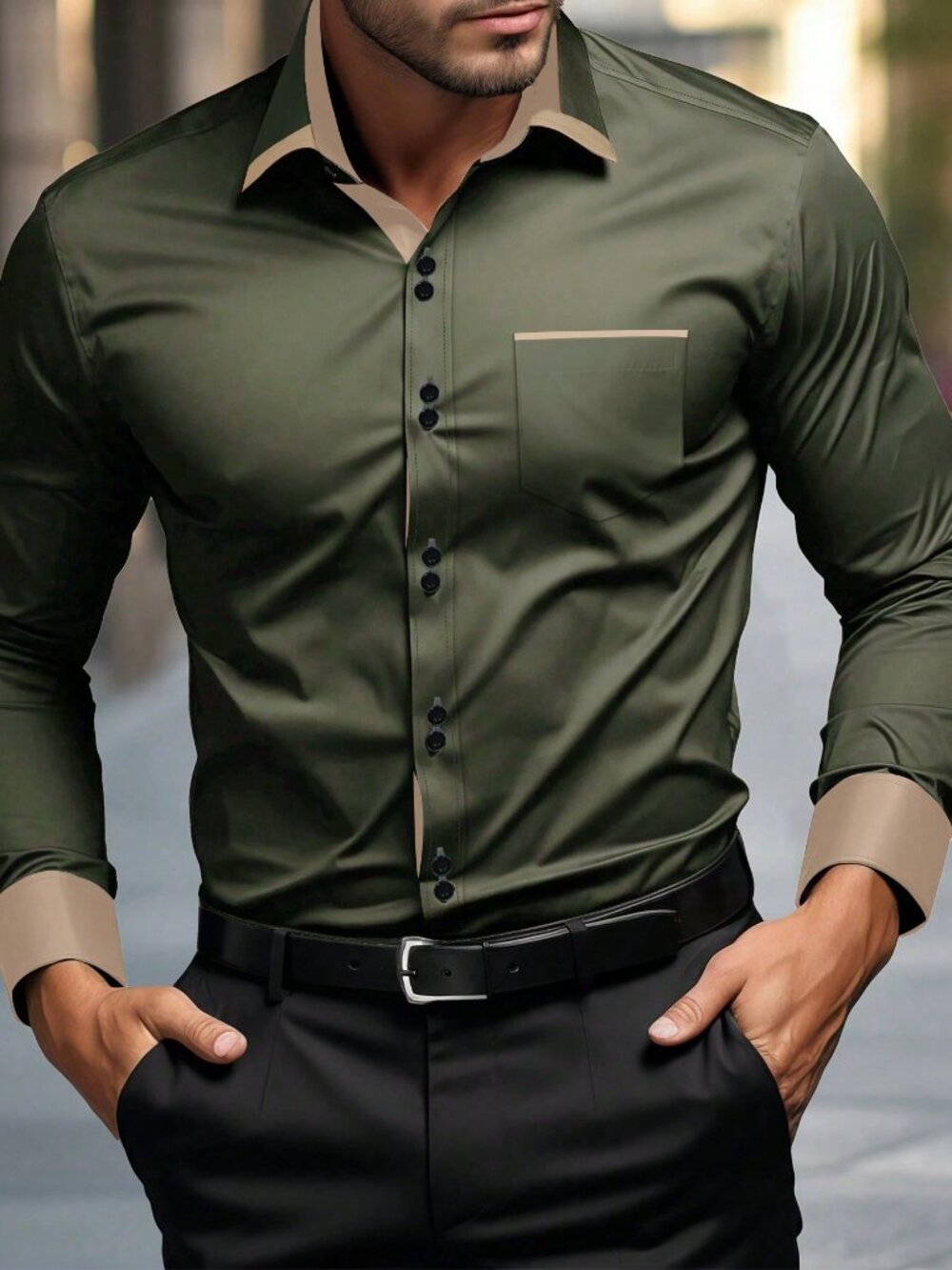 Army Green Regular Fit Men's Button Pocket Long Sleeve Plain Shirt